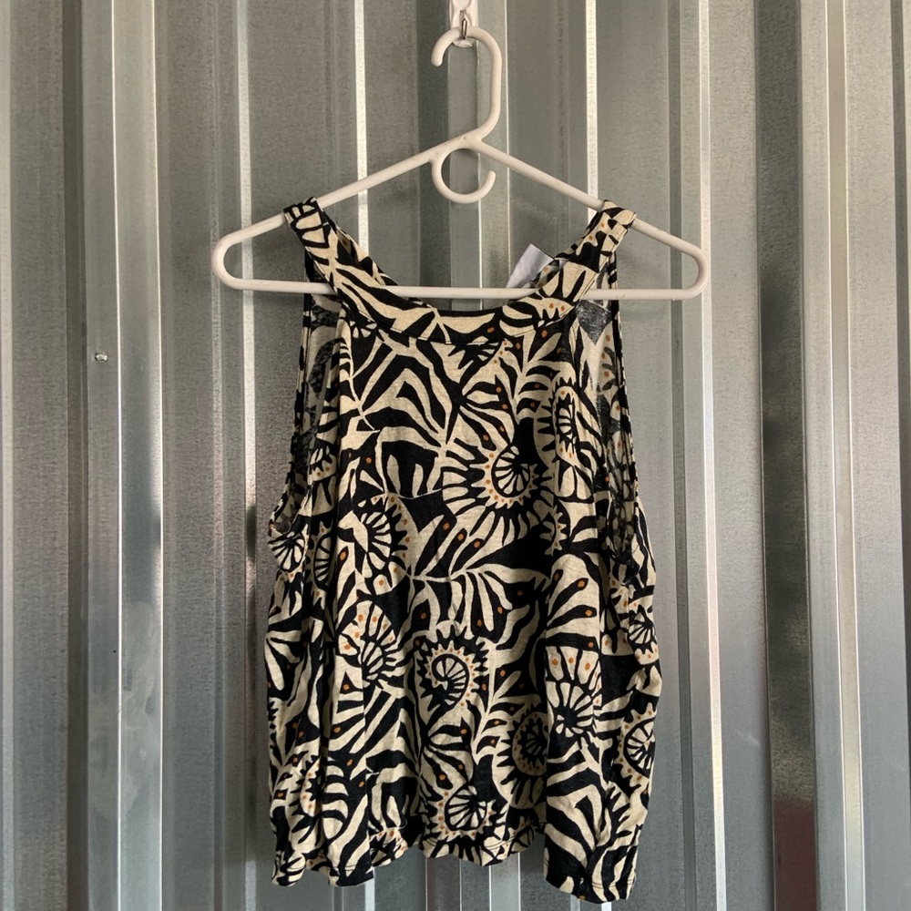 Nicole Miller Black and Cream Linen Floral Blouse